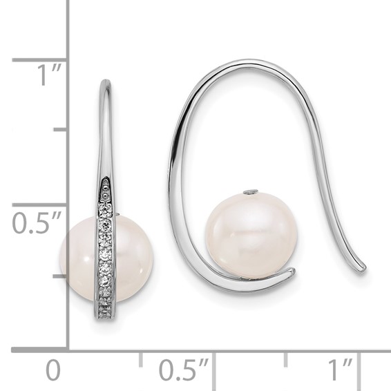Sterling Silver Rhodium-plated 8-8.5mm White Semi-Round Freshwater Cultured Pearl and CZ Shepherd Hook Earrings