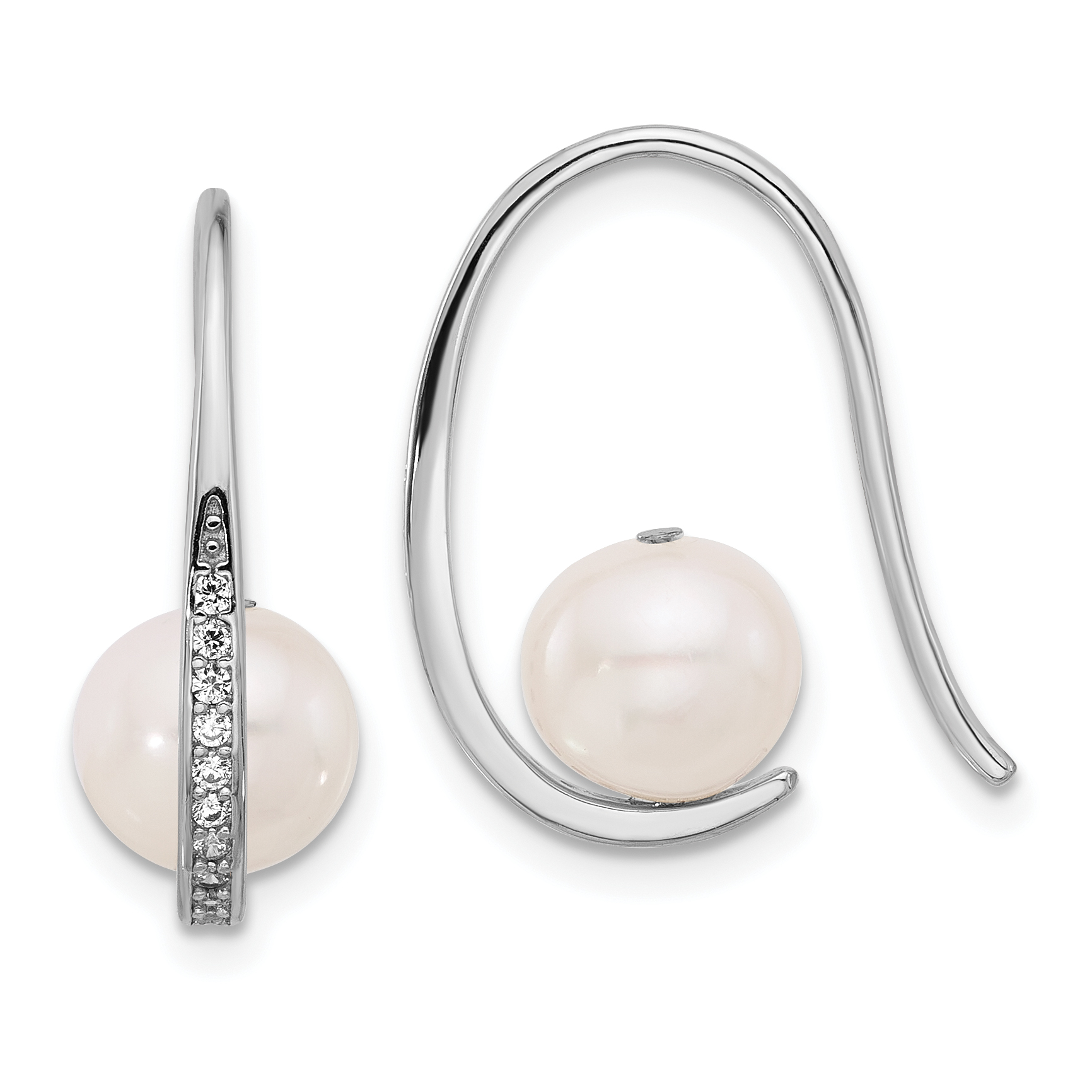 Sterling Silver Rhodium-plated 8-8.5mm White Semi-Round Freshwater Cultured Pearl and CZ Shepherd Hook Earrings (QE17231)