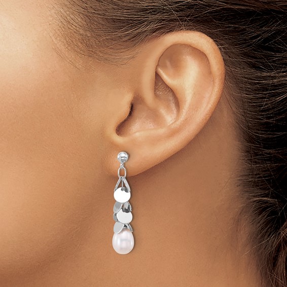 Sterling Silver Rhodium-plated 7-8mm White Teardrop Freshwater Cultured Pearl Post Dangle Earrings