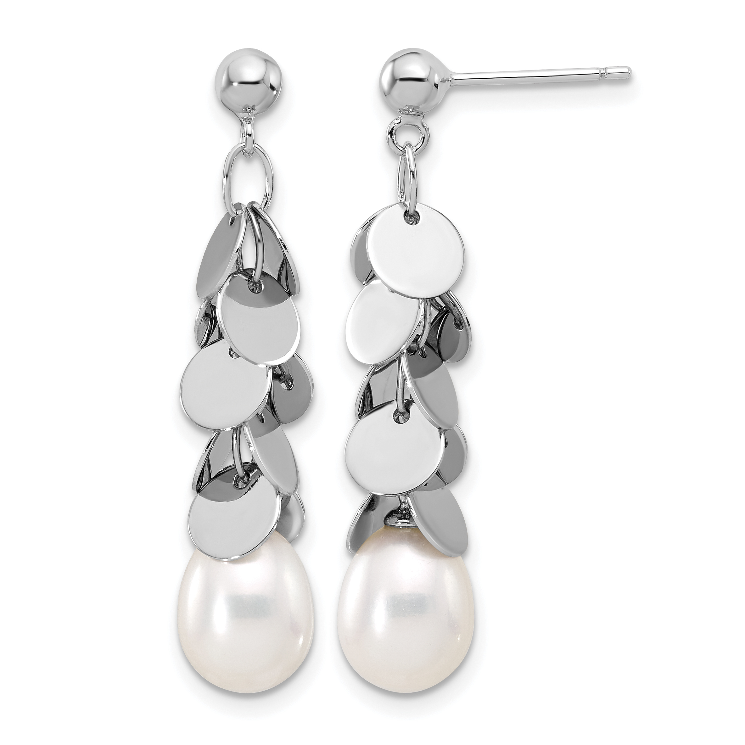 Sterling Silver Rhodium-plated 7-8mm White Teardrop Freshwater Cultured Pearl Post Dangle Earrings (QE17234)