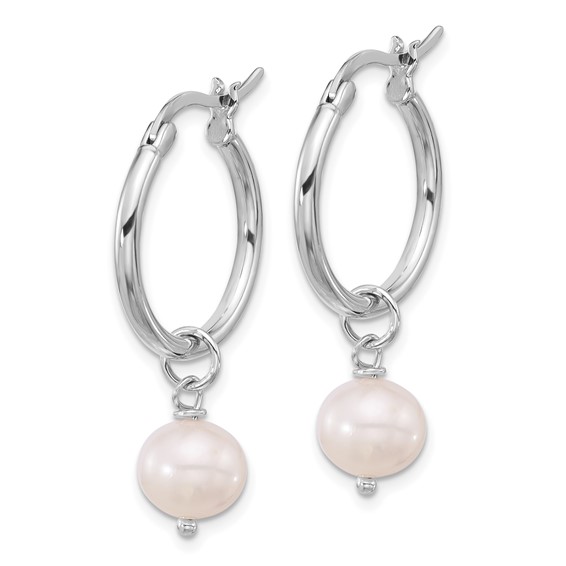 Sterling Silver Rhodium-plated 8-9mm White Near-Round Freshwater Cultured Pearl Dangle Hoop Earrings