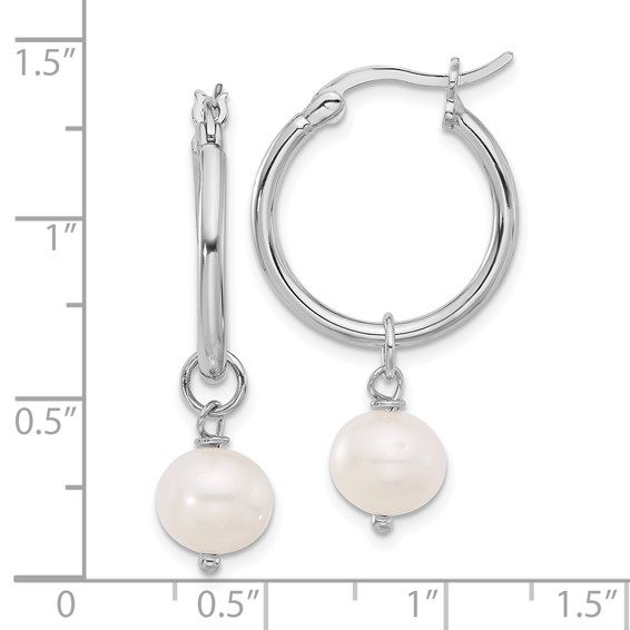 Sterling Silver Rhodium-plated 8-9mm White Near-Round Freshwater Cultured Pearl Dangle Hoop Earrings