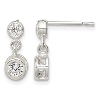 Sterling Silver Polished Round CZ Bezel Set Post Dainty Dangle Earrings view 1