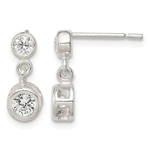 Sterling Silver Polished Round CZ Bezel Set Post Dainty Dangle Earrings