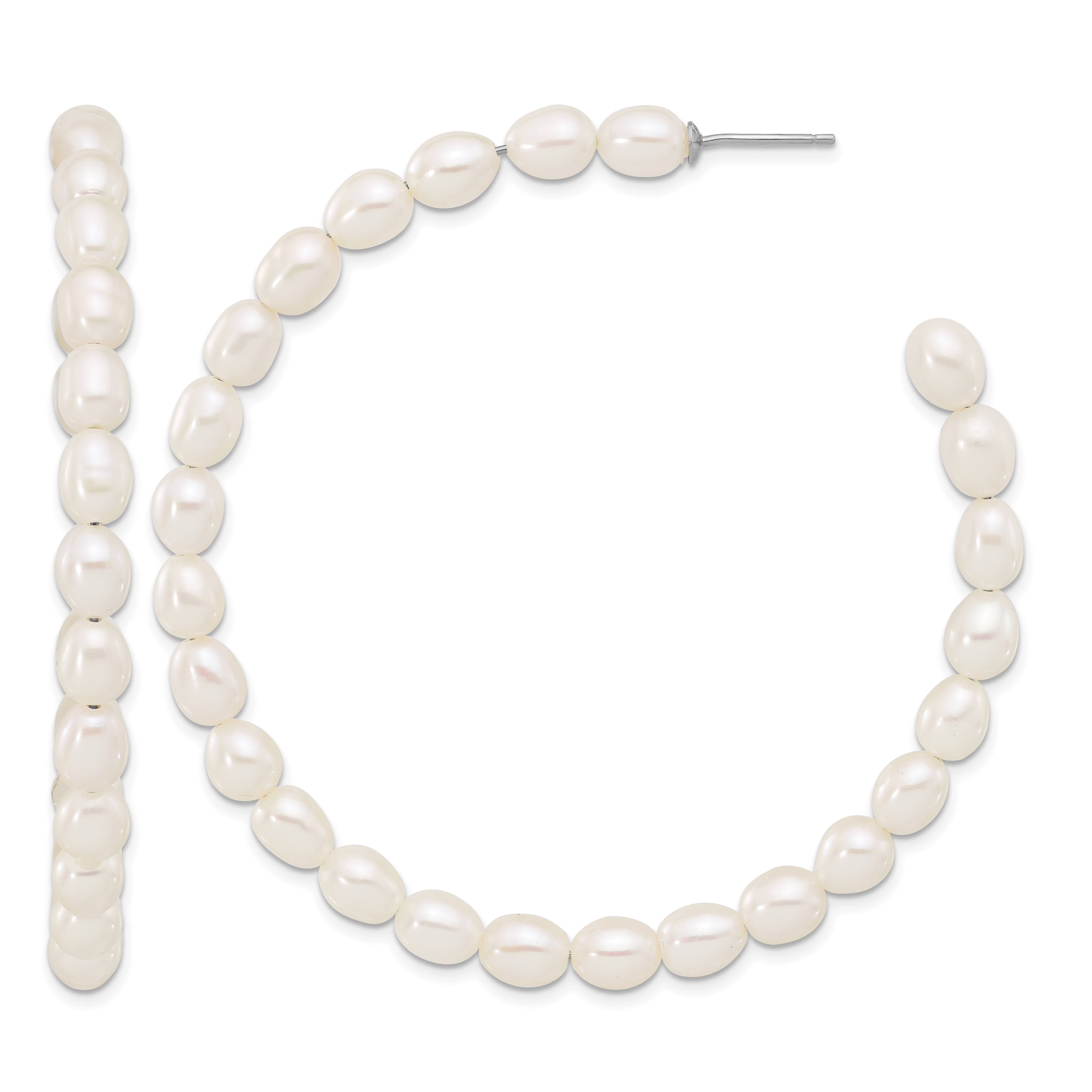 Sterling Silver Rhodium-plated 5-6mm White Rice Freshwater Cultured Pearl Post C-Hoop Earrings (QE17245)