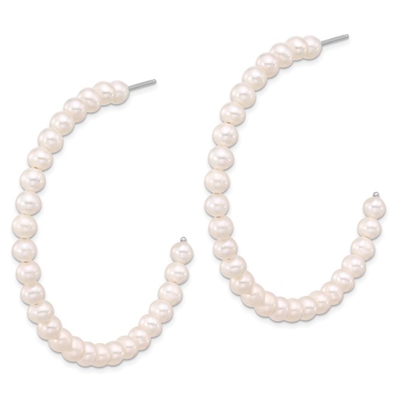 Sterling Silver Rhodium-plated 4-5mm White Semi-Round Freshwater Cultured Pearl C-Hoop Earrings