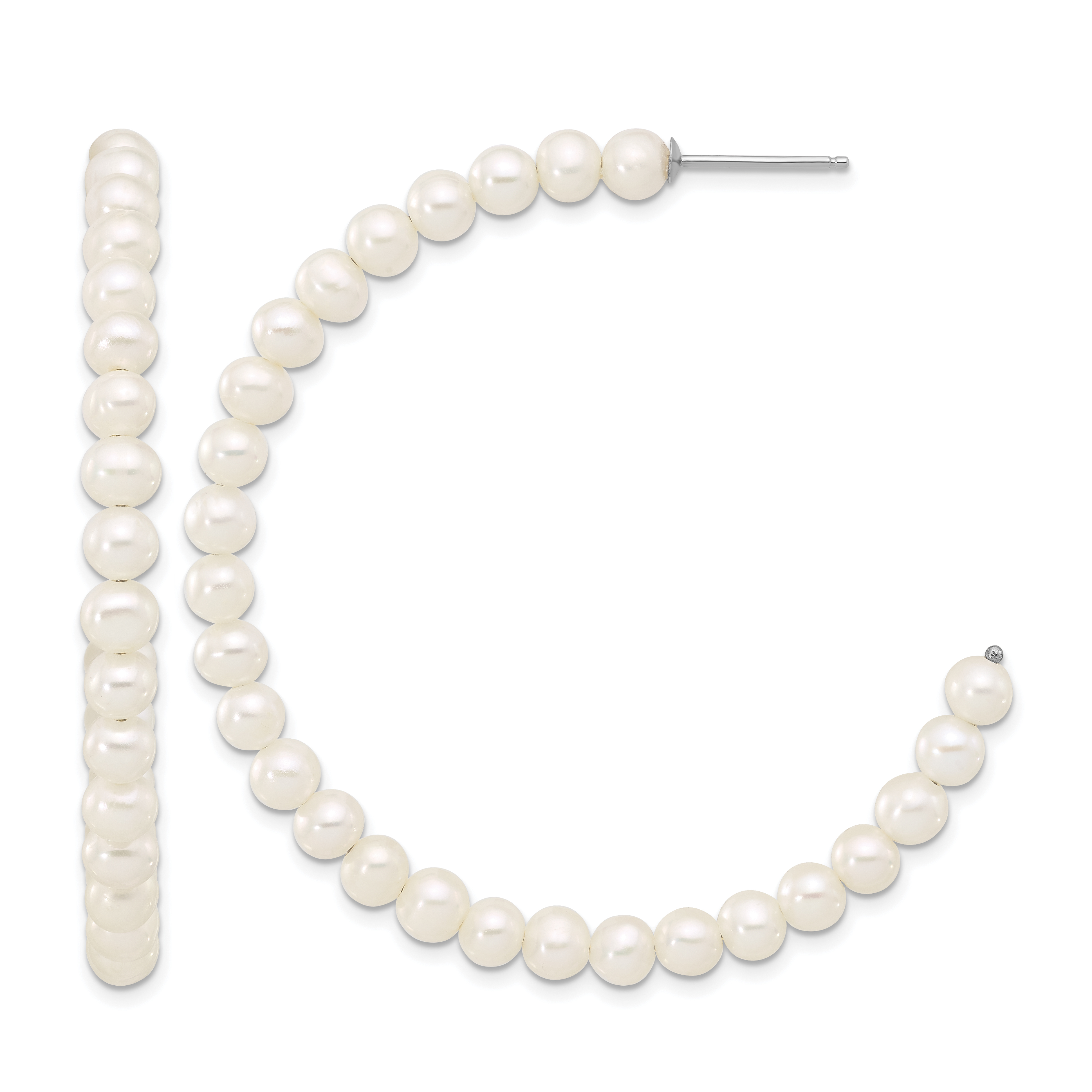 Sterling Silver Rhodium-plated 4-5mm White Semi-Round Freshwater Cultured Pearl C-Hoop Earrings (QE17246)