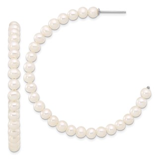 Sterling Silver Rhodium-plated 4-5mm White Semi-Round Freshwater Cultured Pearl C-Hoop Earrings