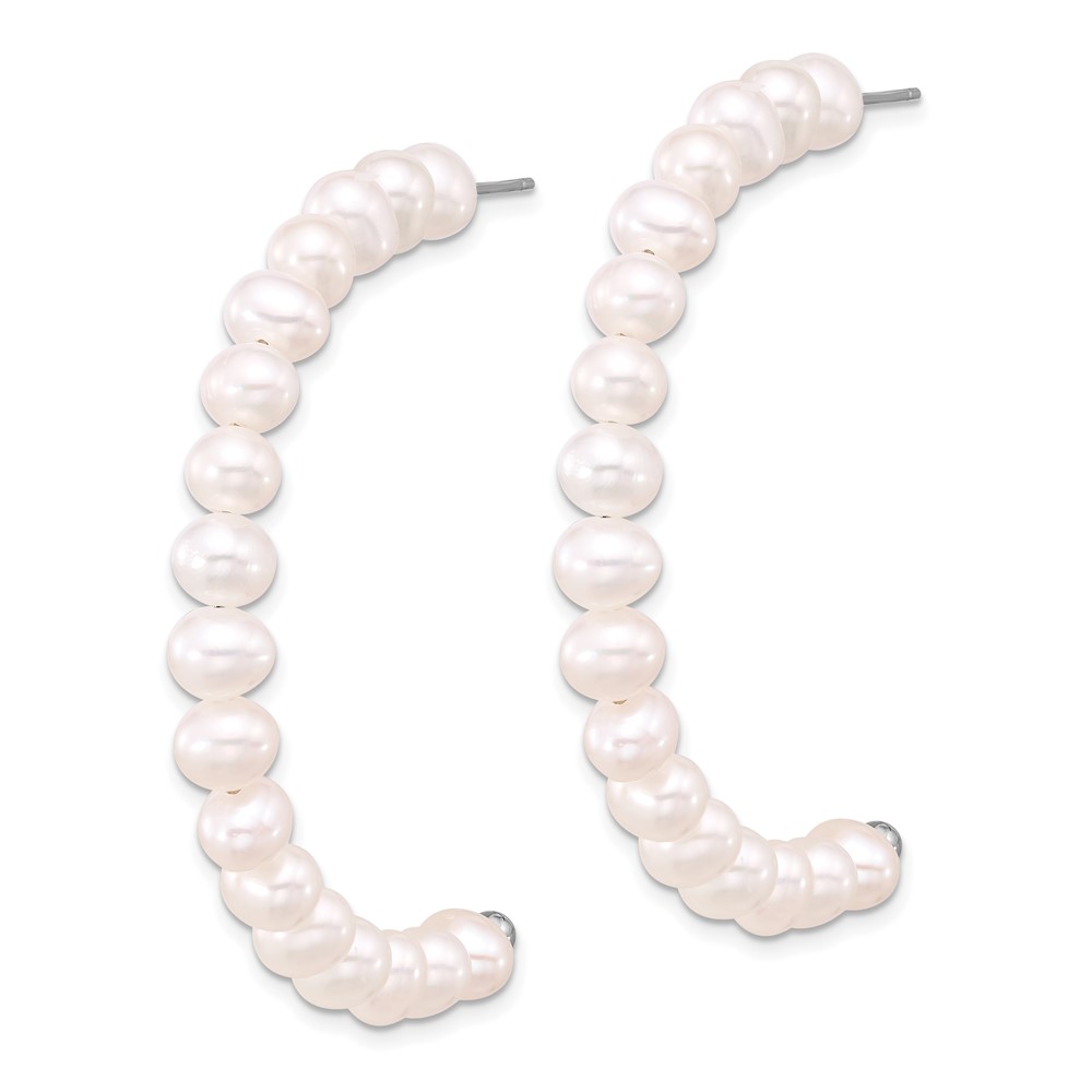 Sterling Silver Rhodium-plated 5-6mm White Semi-Round Freshwater Cultured Pearl Post J-Hoop Earrings (QE17247)