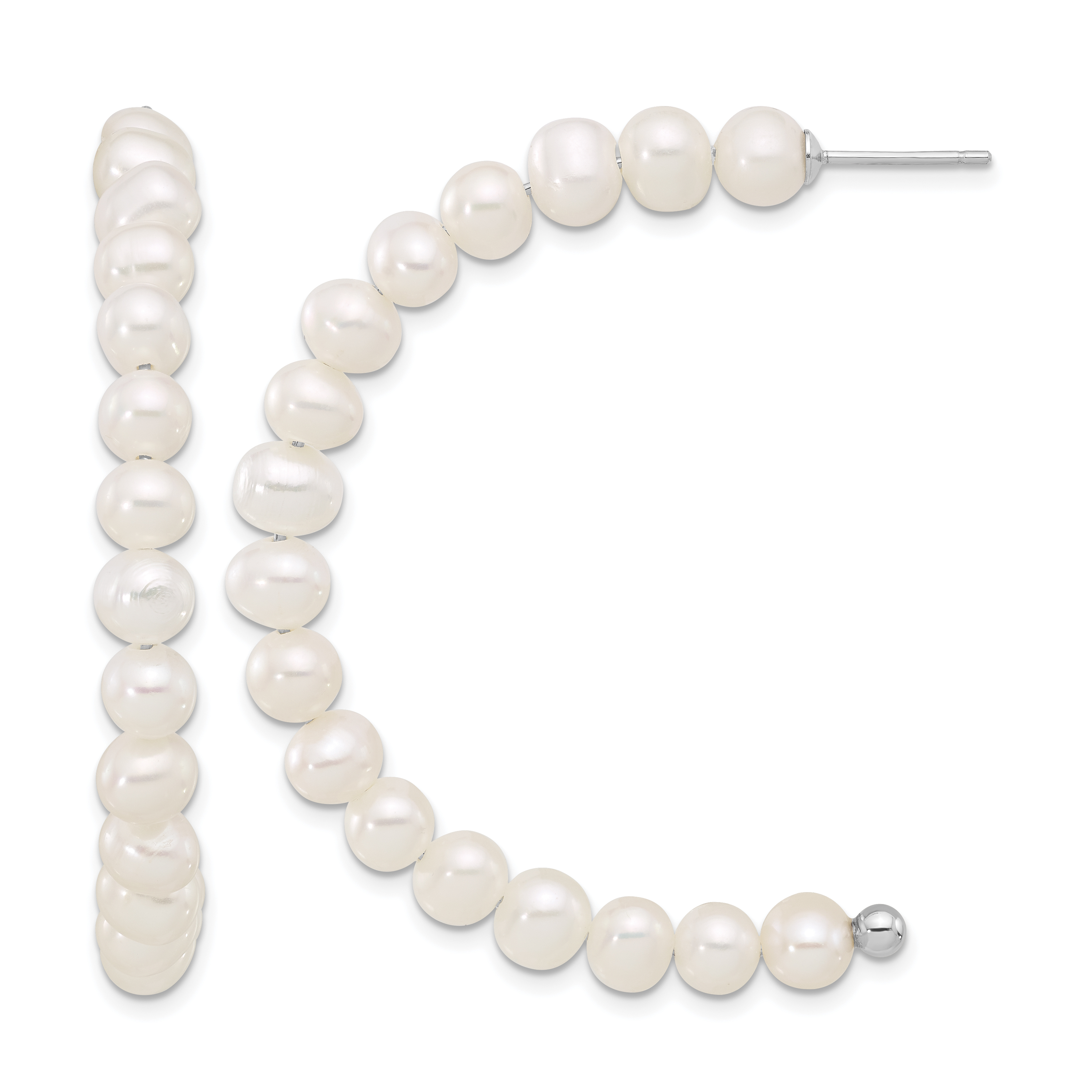 Sterling Silver Rhodium-plated 5-6mm White Semi-Round Freshwater Cultured Pearl Post J-Hoop Earrings (QE17247)