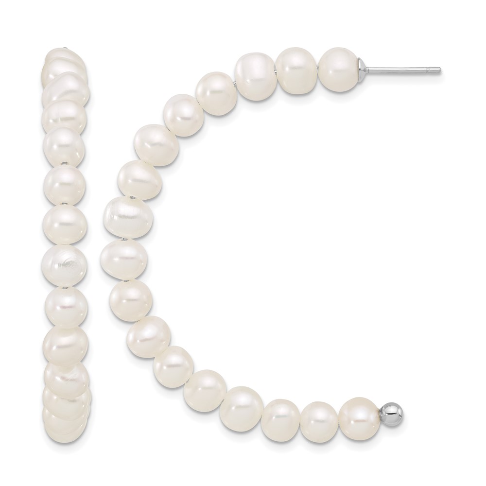 Sterling Silver Rhodium-plated 5-6mm White Semi-Round Freshwater Cultured Pearl Post J-Hoop Earrings (QE17247)