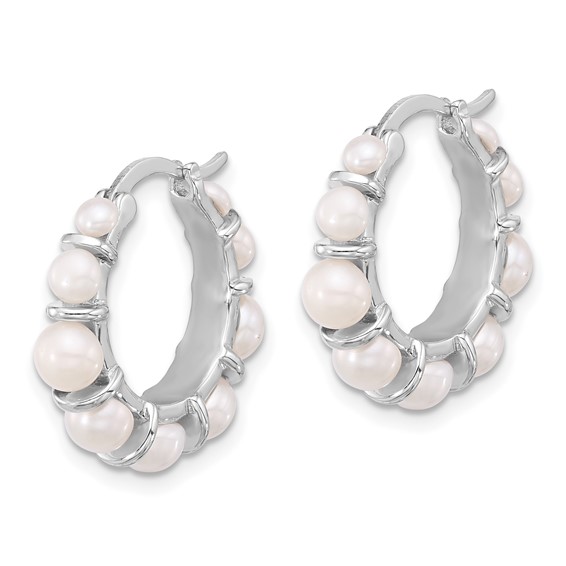 Sterling Silver Rhodium-plated 2-5mm White Button Freshwater Cultured Pearl Round Hoop Earrings