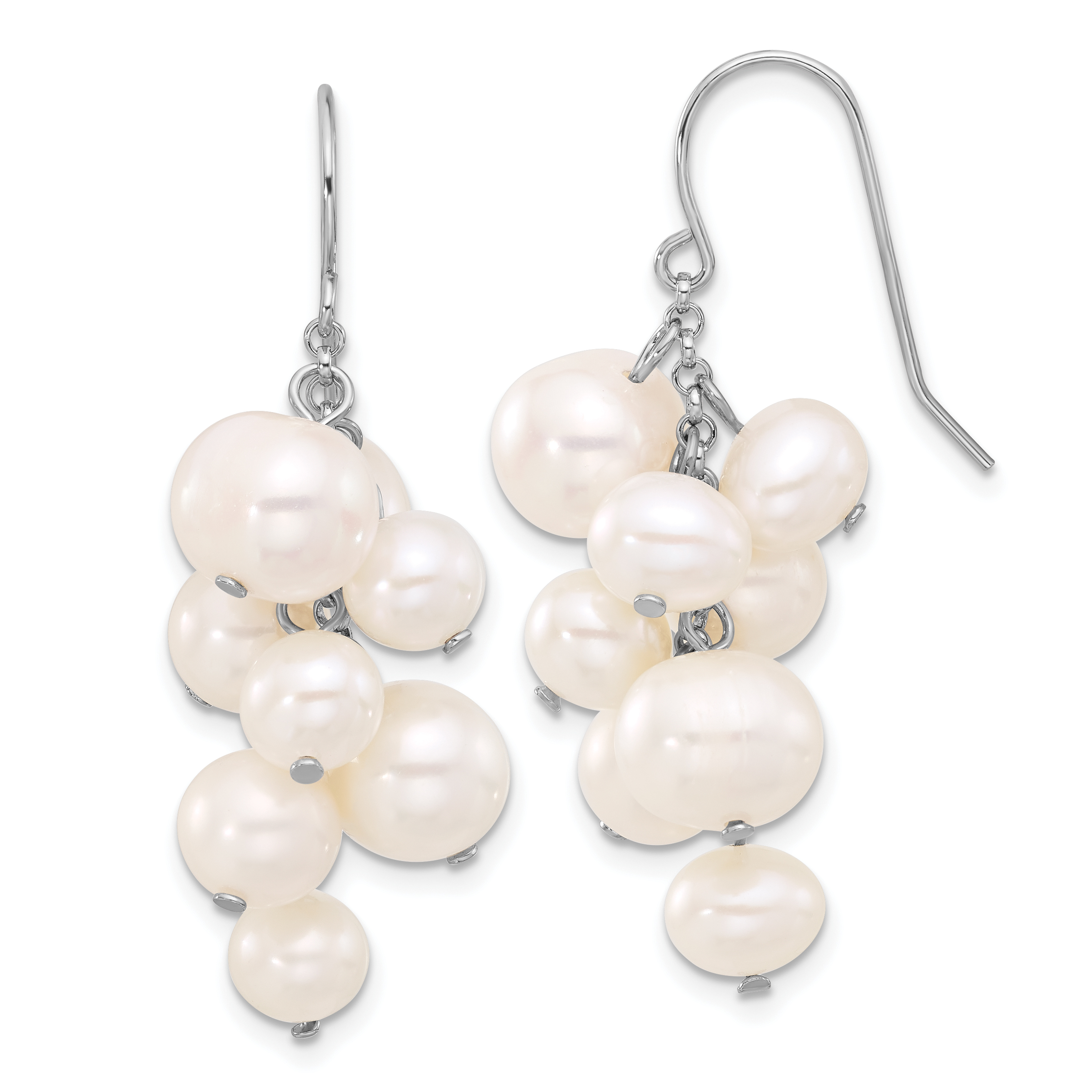 Sterling Silver Rhodium-plated 6-10mm White Near-Round Freshwater Cultured Pearl Dangle Earrings (QE17250)