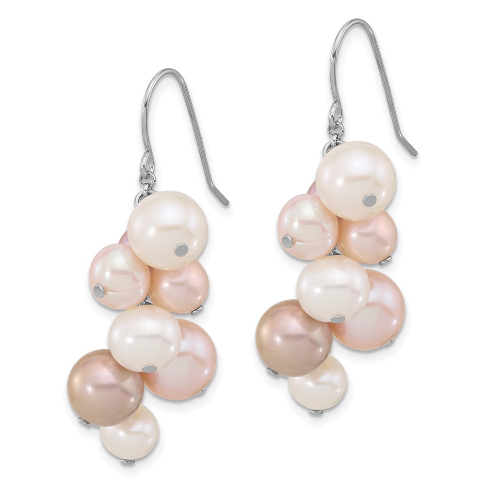 Sterling Silver Rhodium-plated 6-10mm Multicolor Near-Round Freshwater Cultured Pearl Dangle Earrings (QE17251)