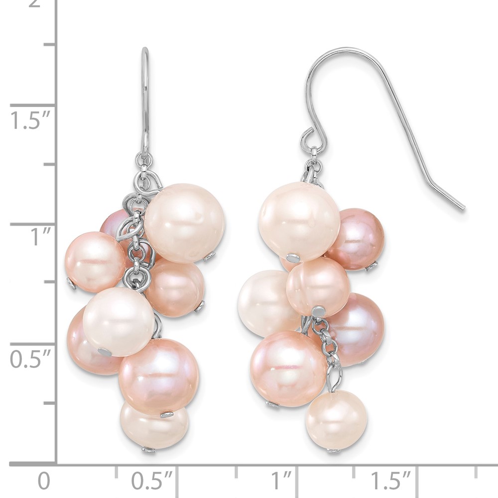 Sterling Silver Rhodium-plated 6-10mm Multicolor Near-Round Freshwater Cultured Pearl Dangle Earrings (QE17251)