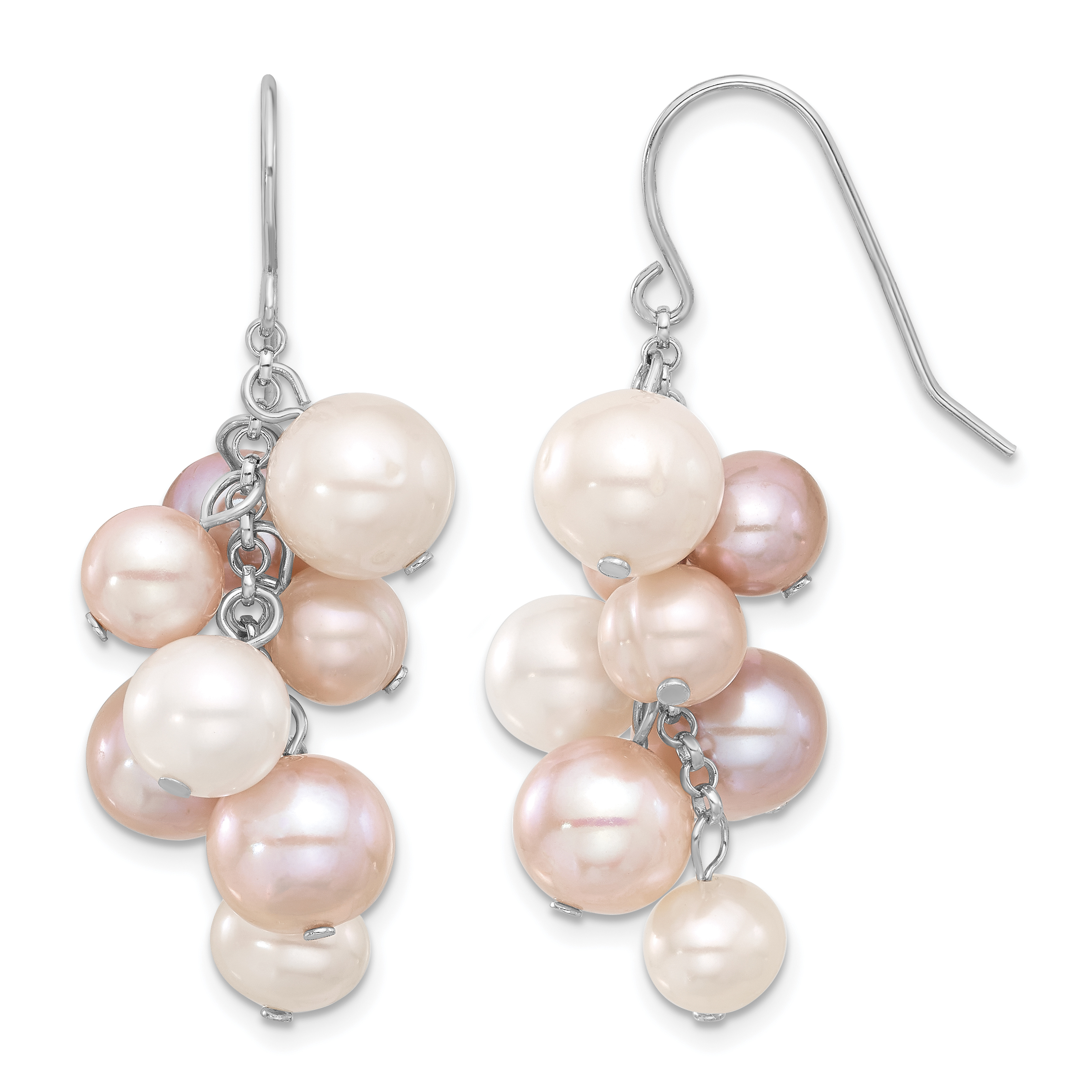 Sterling Silver Rhodium-plated 6-10mm Multicolor Near-Round Freshwater Cultured Pearl Dangle Earrings (QE17251)