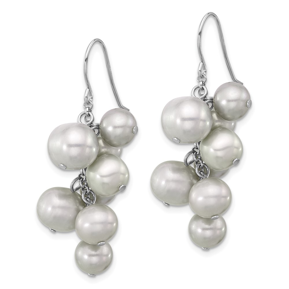 Sterling Silver Rhodium-plated 6-10mm Grey Near-Round Freshwater Cultured Pearl Dangle Earrings (QE17252)