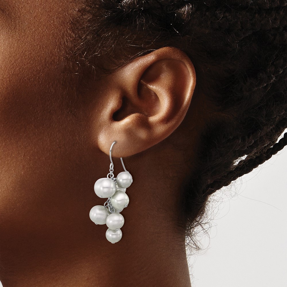 Sterling Silver Rhodium-plated 6-10mm Grey Near-Round Freshwater Cultured Pearl Dangle Earrings (QE17252)