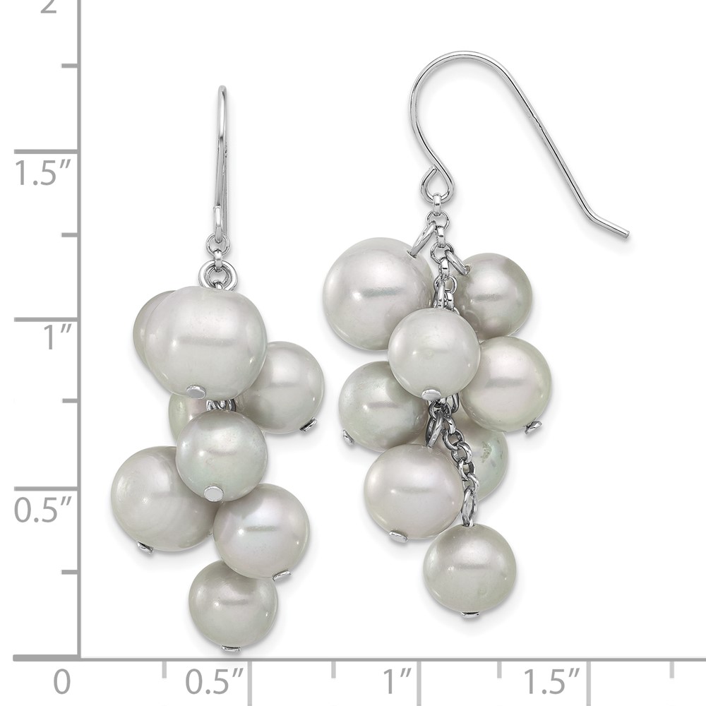 Sterling Silver Rhodium-plated 6-10mm Grey Near-Round Freshwater Cultured Pearl Dangle Earrings (QE17252)