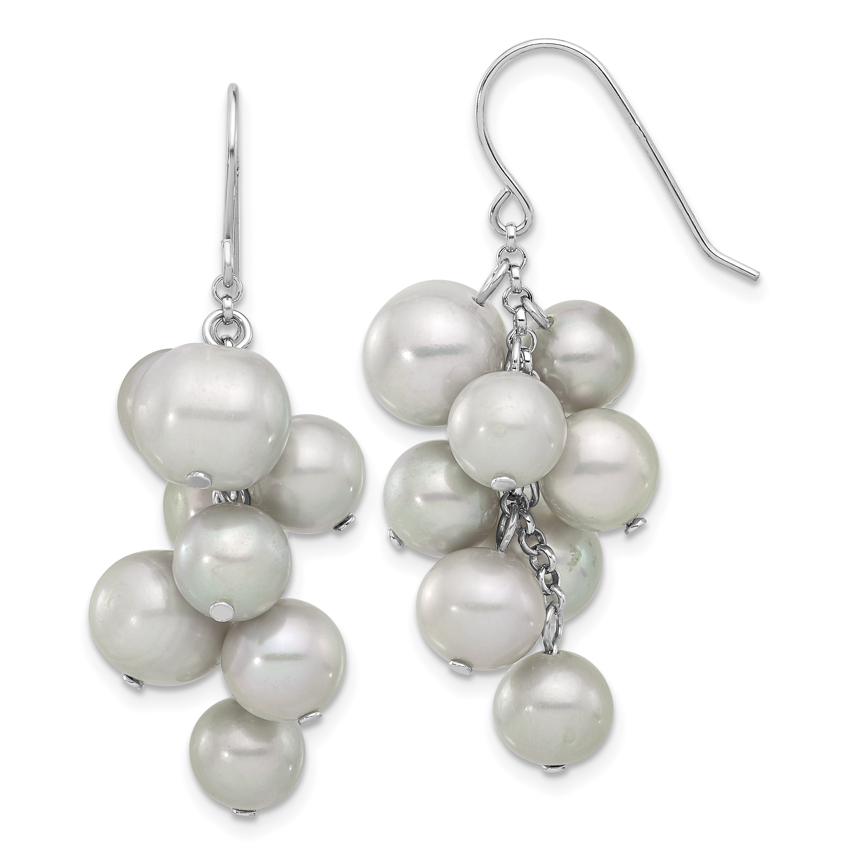 Sterling Silver Rhodium-plated 6-10mm Grey Near-Round Freshwater Cultured Pearl Dangle Earrings (QE17252)