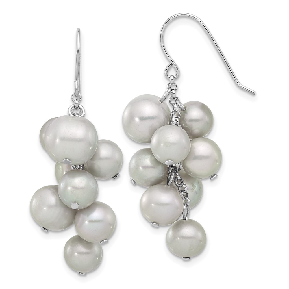 Sterling Silver Rhodium-plated 6-10mm Grey Near-Round Freshwater Cultured Pearl Dangle Earrings (QE17252)
