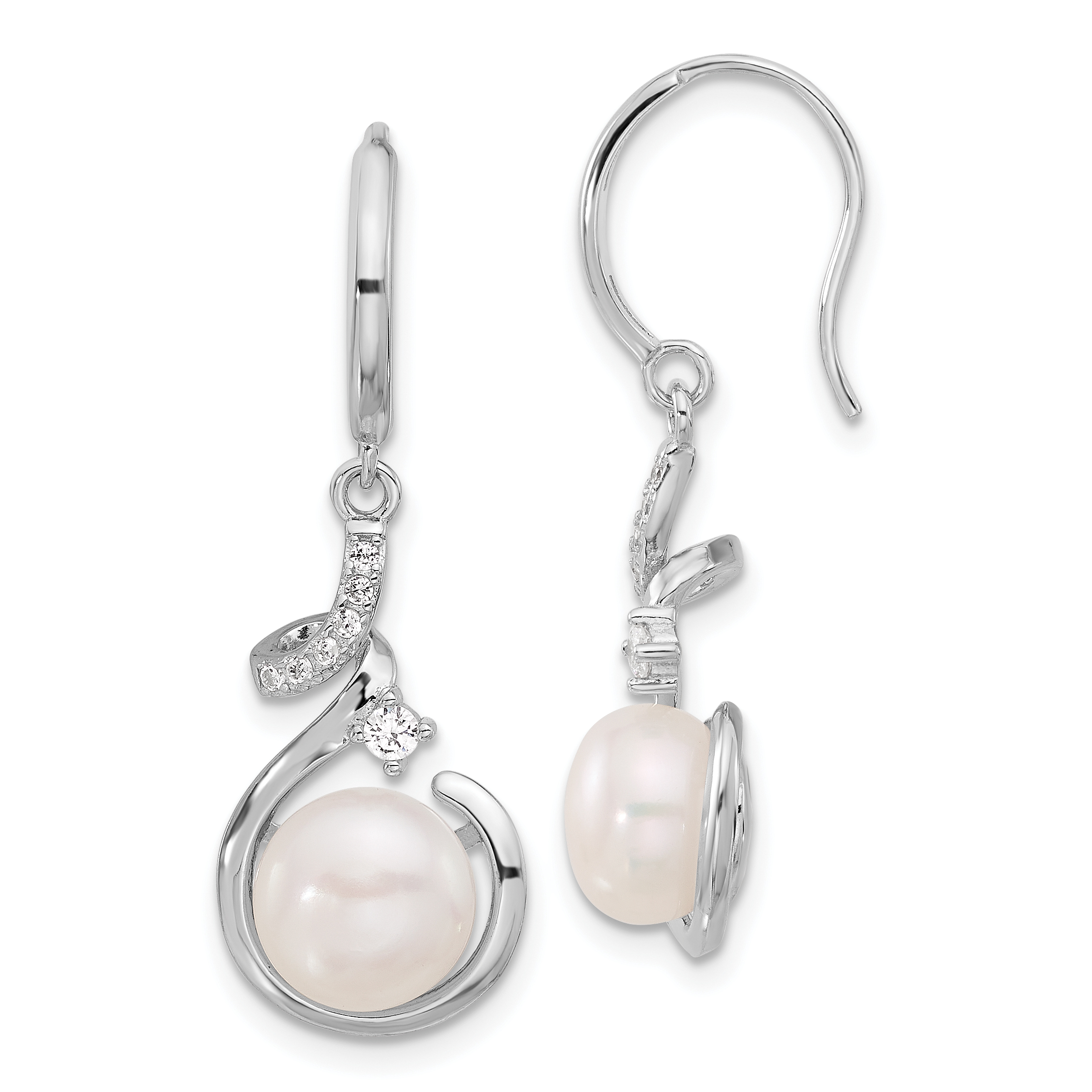 Sterling Silver RH-plat Polished 8-8.5mm FWC Pearl and CZ Dangle Earrings (QE17253)