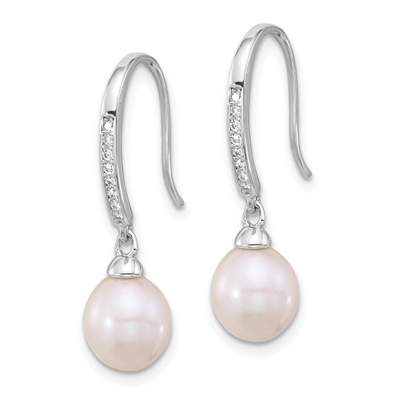Sterling Silver Rhodium-plated 7-8mm White Teardrop Freshwater Cultured Pearl and CZ Dangle Earrings