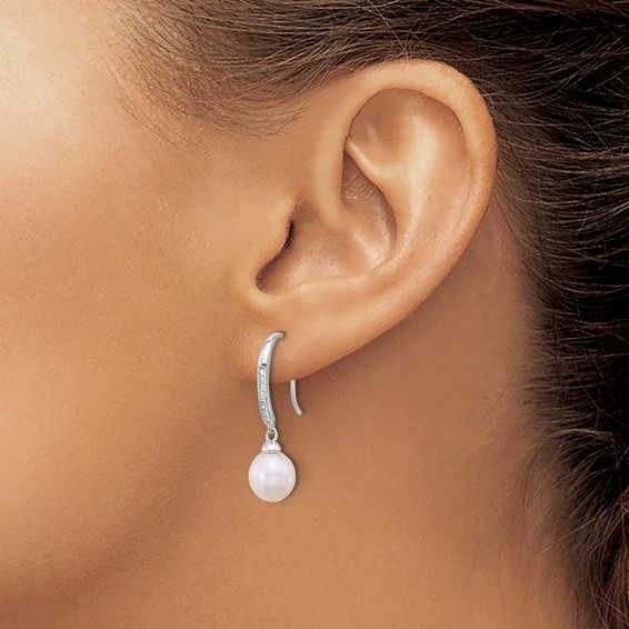 Sterling Silver Rhodium-plated 7-8mm White Teardrop Freshwater Cultured Pearl and CZ Dangle Earrings