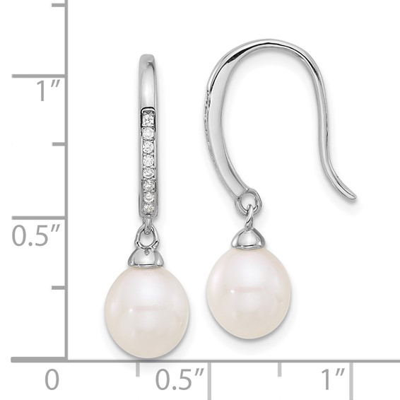 Sterling Silver Rhodium-plated 7-8mm White Teardrop Freshwater Cultured Pearl and CZ Dangle Earrings