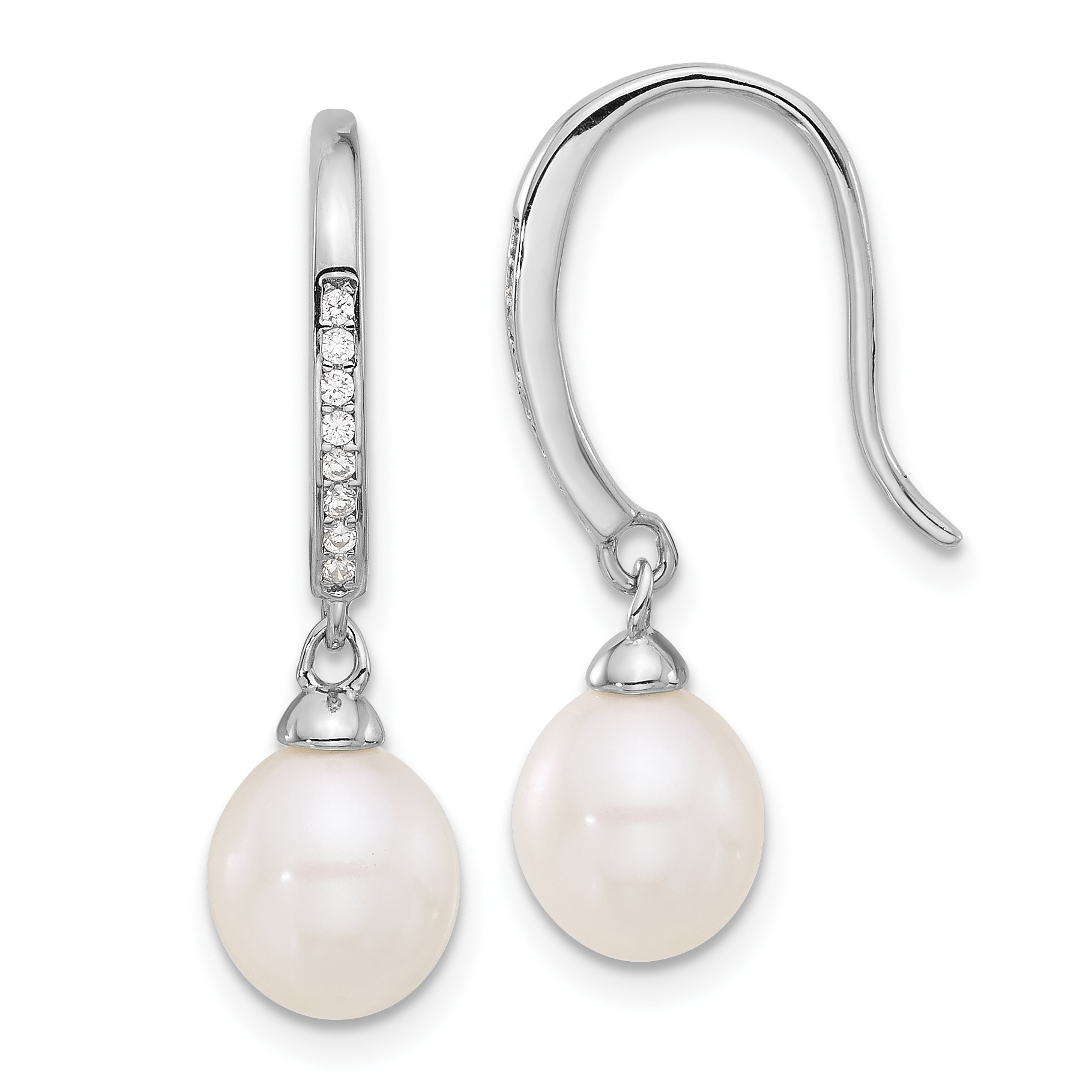 Sterling Silver Rhodium-plated 7-8mm White Teardrop Freshwater Cultured Pearl and CZ Dangle Earrings (QE17254)