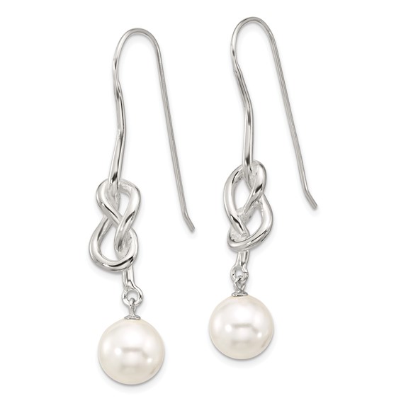 Sterling Silver Polished Knot 10mm Glass Pearl Dangle Earrings