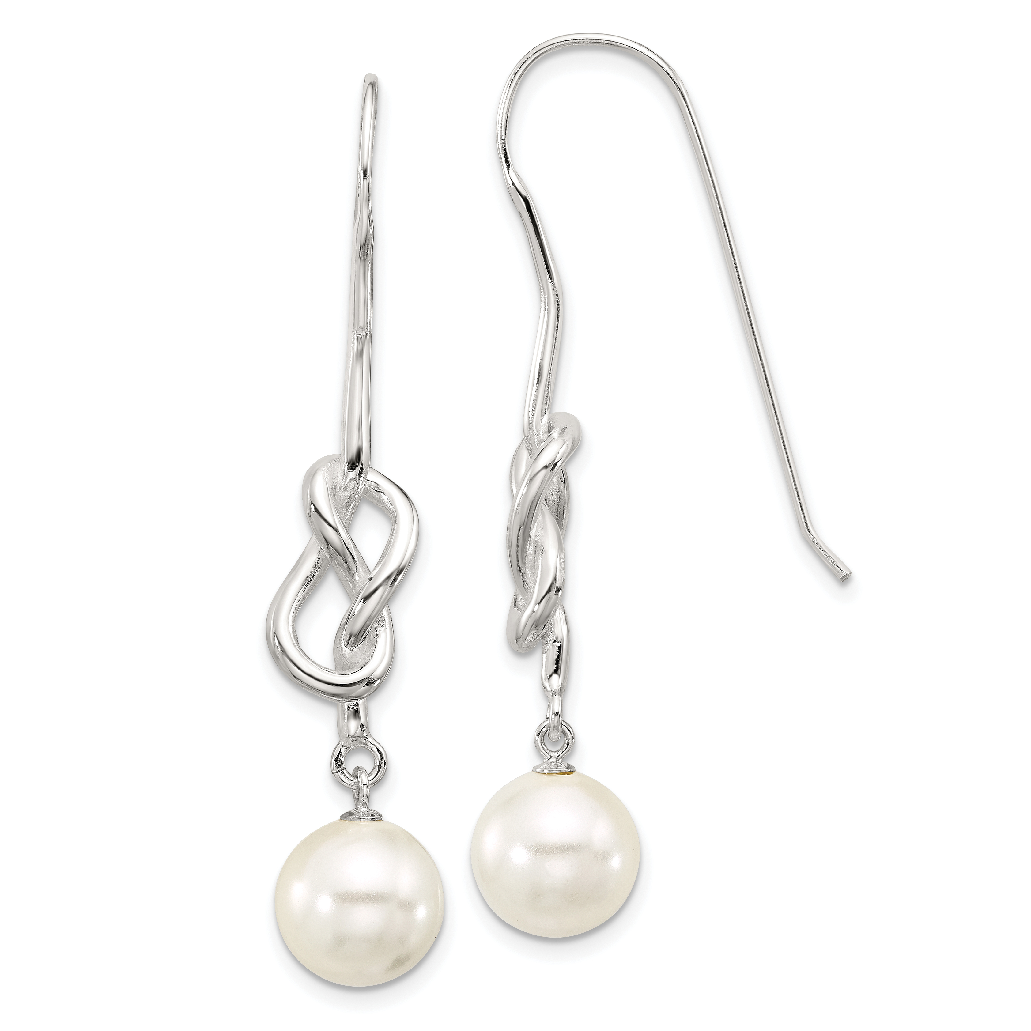 Sterling Silver Polished Knot 10mm Glass Pearl Dangle Earrings (QE17256)
