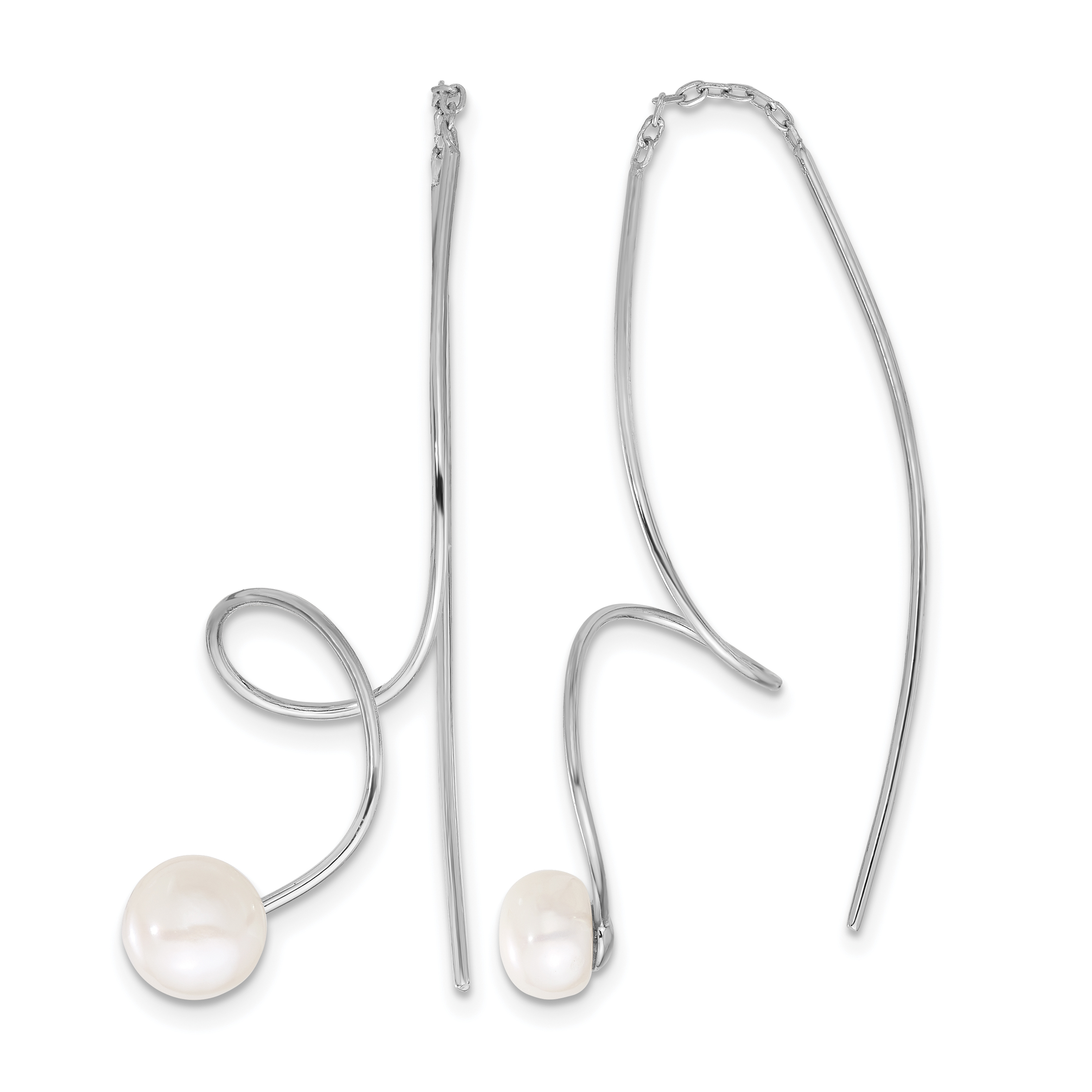 Sterling Silver Rhodium-plated 6-7mm White Button Freshwater Cultured Pearl Twisted Threader Earrings (QE17257)