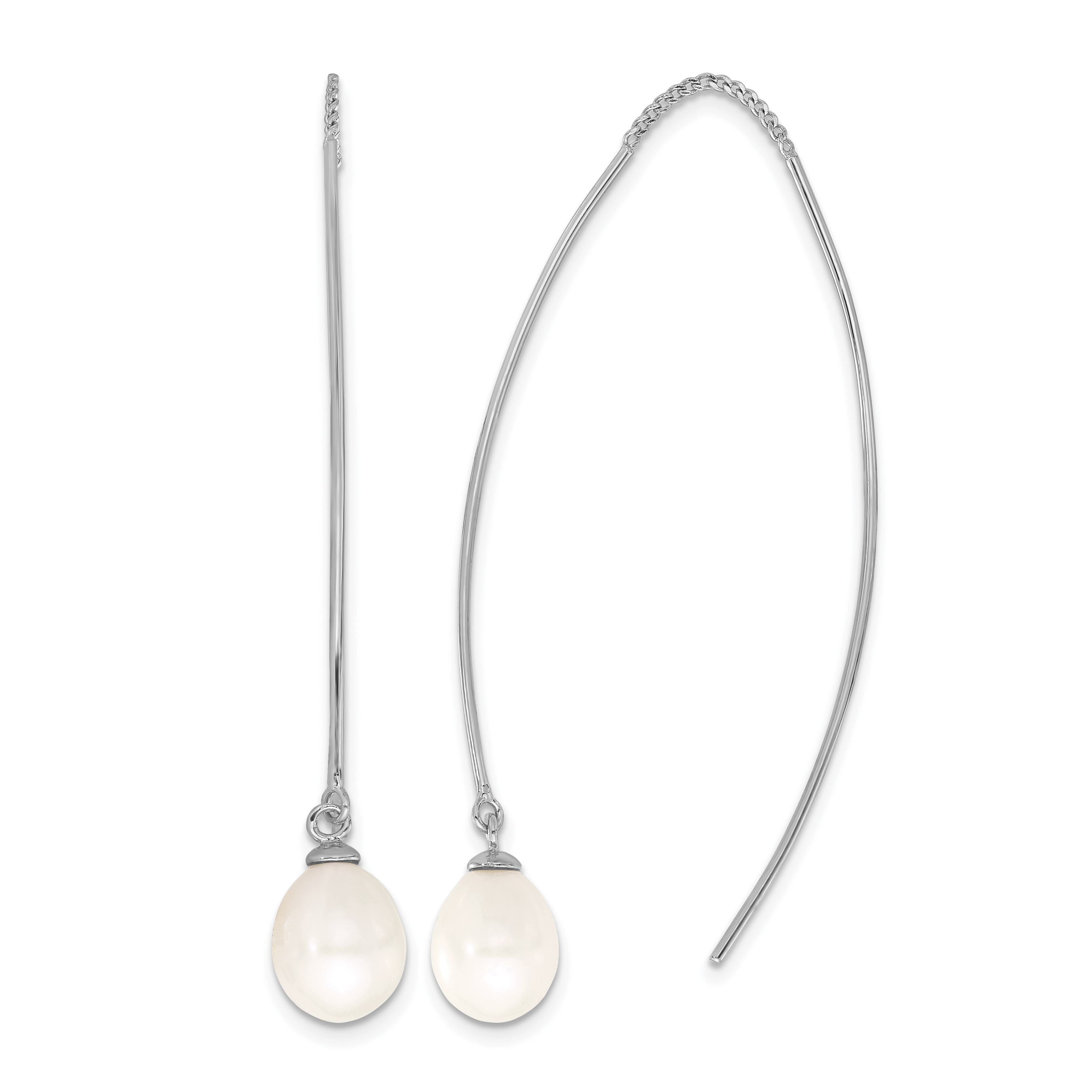 Sterling Silver Rhodium-plated 7-8mm White Teardrop Freshwater Cultured Pearl Threader Earrings (QE17258)