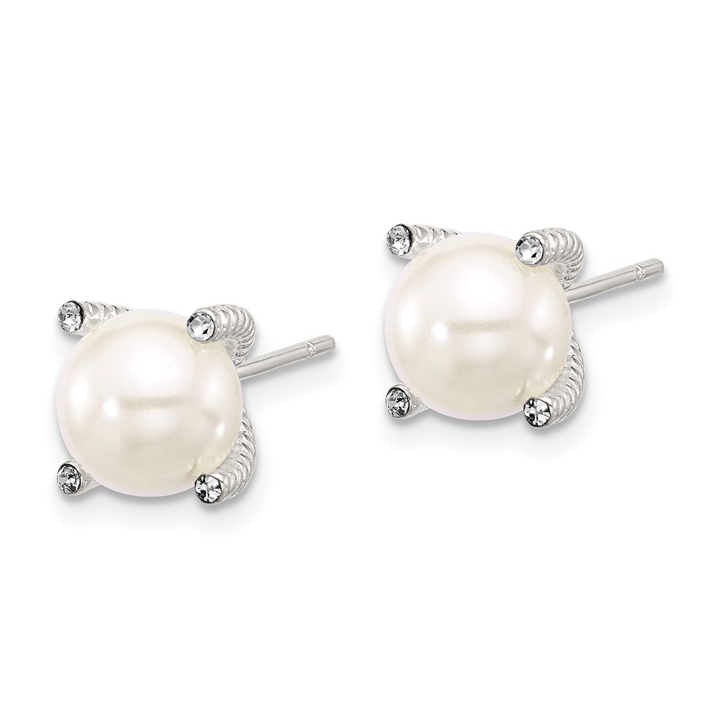Sterling Silver Polished/Twisted CZ and Synthetic Pearl Post Earrings (QE17260)