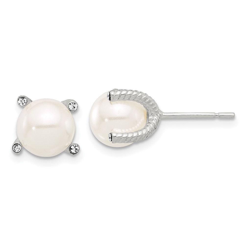 Sterling Silver Polished/Twisted CZ and Synthetic Pearl Post Earrings (QE17260)