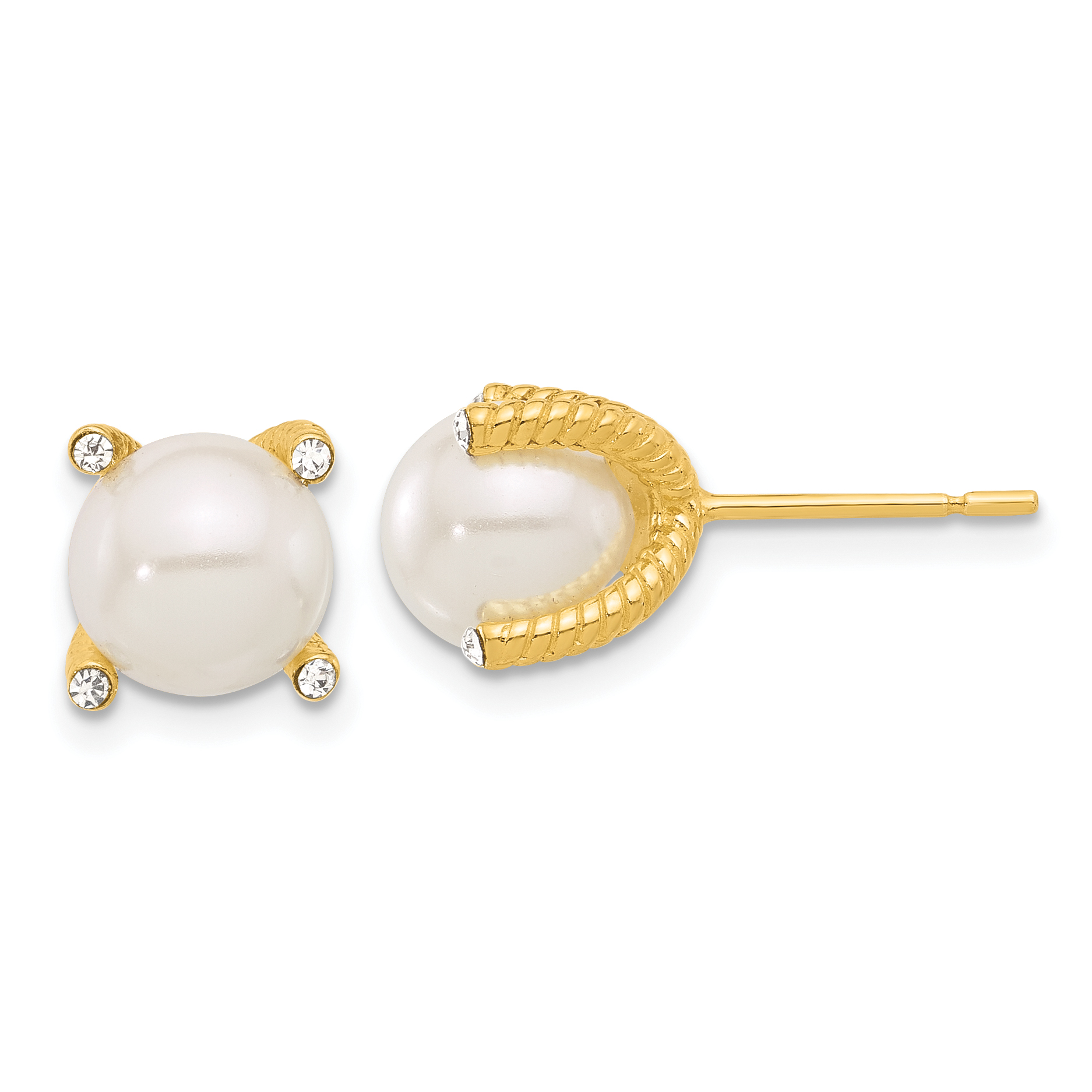 Sterling Silver Gold-tone Polished/Twisted CZ and Syn. Pearl Post Earrings (QE17260GP)