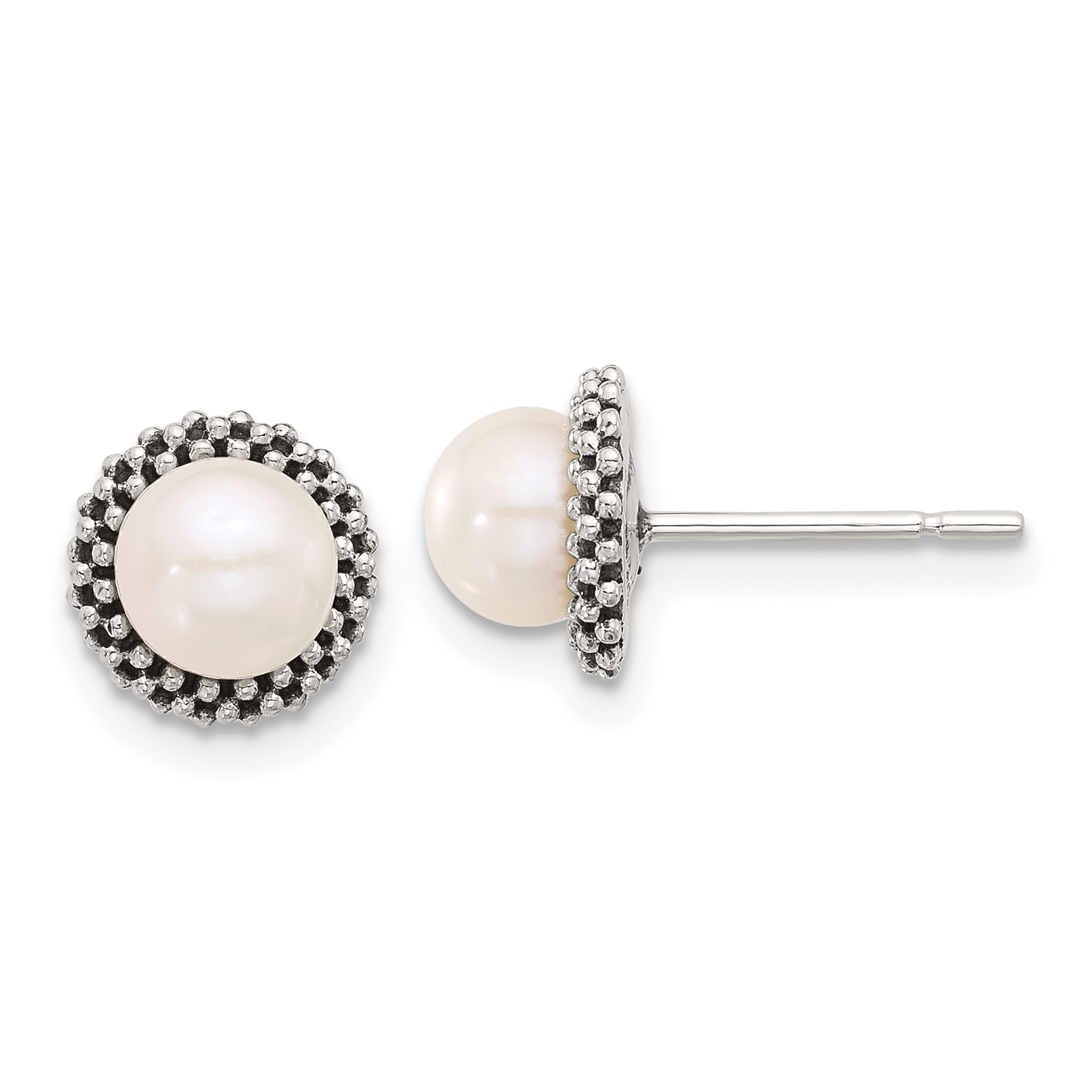 Sterling Silver Antiqued Beaded Synthetic Pearl Post Button Earrings (QE17261)