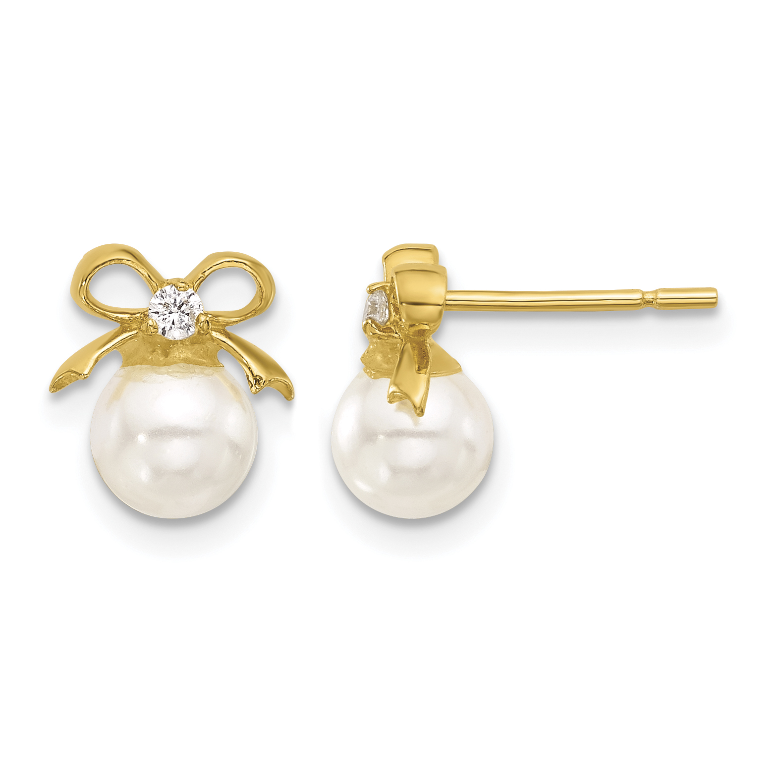 Sterling Silver Gold-tone Polished CZ and Synthetic Pearl Bow Post Earrings (QE17262)