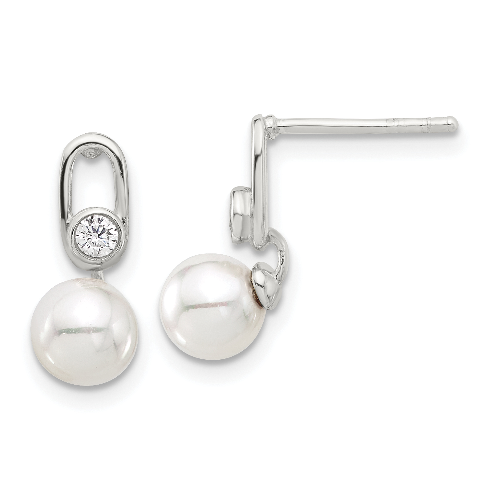 Sterling Silver E-coated Polished 6-7mm Shell Pearl and CZ Post Earrings (QE17273)