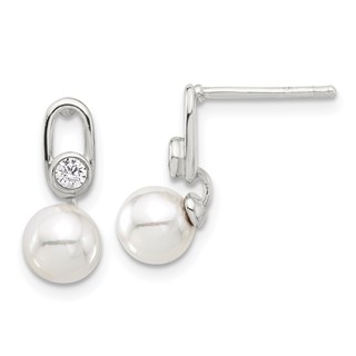 Sterling Silver E-coated Polished 6-7mm Shell Pearl and CZ Post Earrings