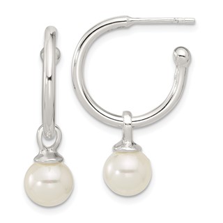 Sterling Silver Polished Dangling 8mm Glass Pearl Post C-Hoop Earrings