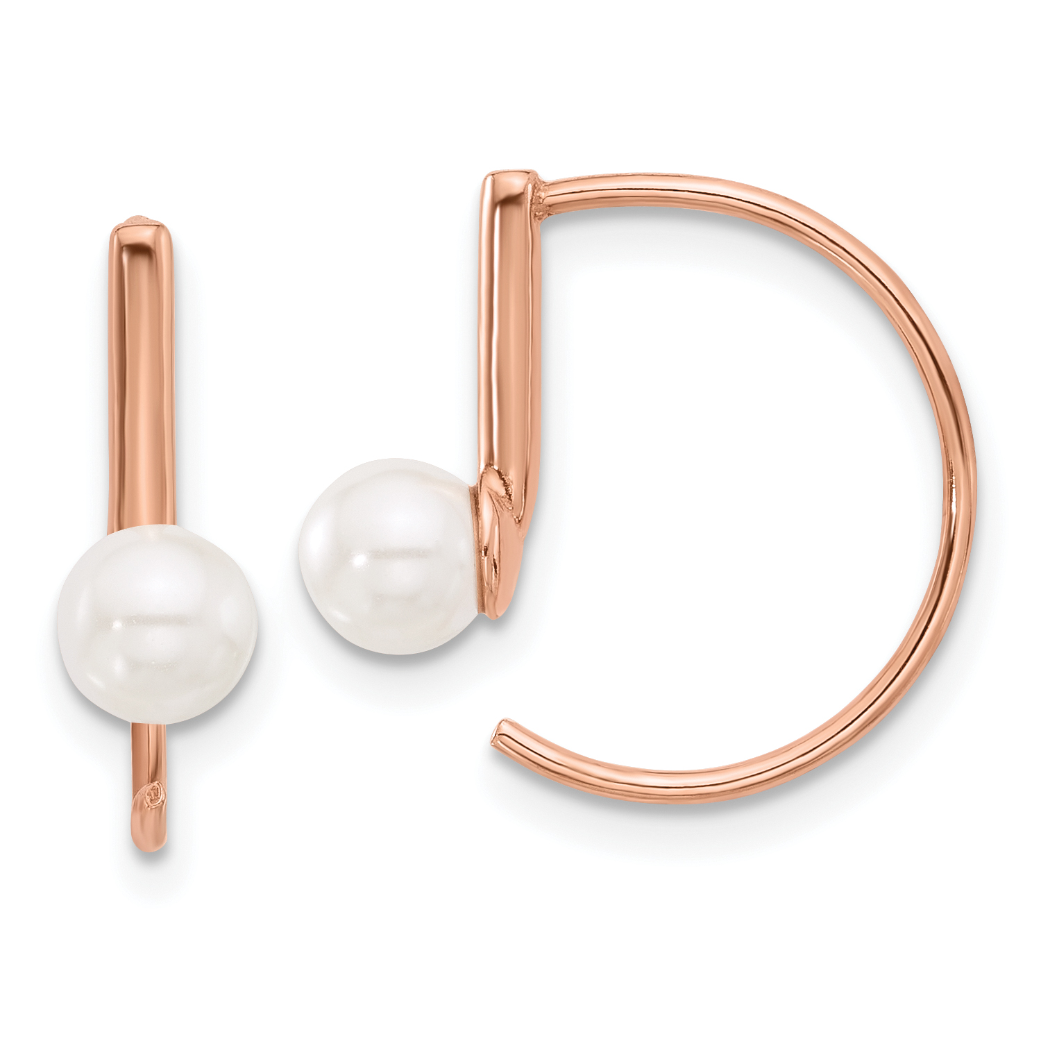 Sterling Silver Rose-tone Polished Synthetic Pearl Threader Hoop Earrings (QE17279)