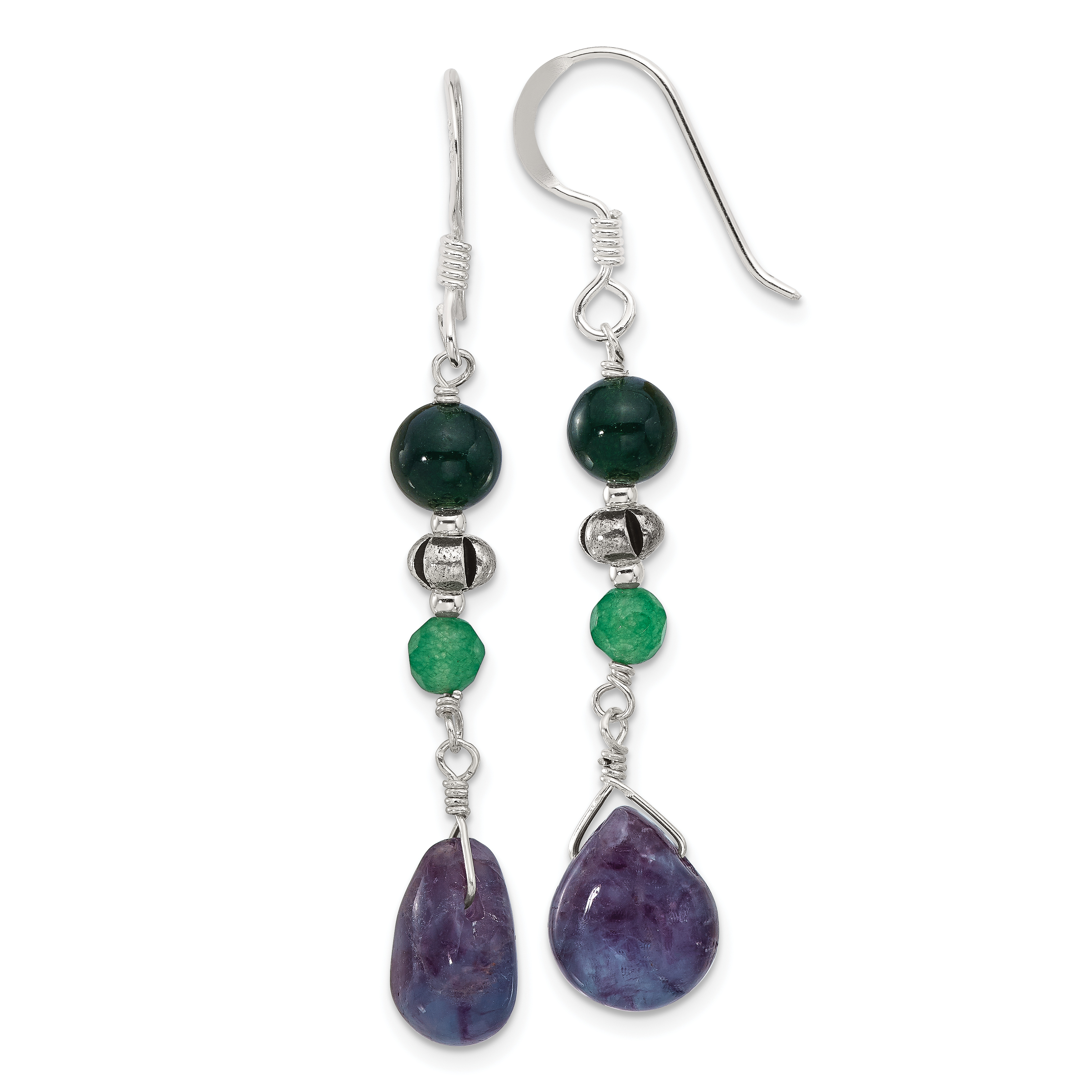 Sterling Silver Antiqued Aventurine/Fluorite/Quartz Dangle Earrings (QE17289)