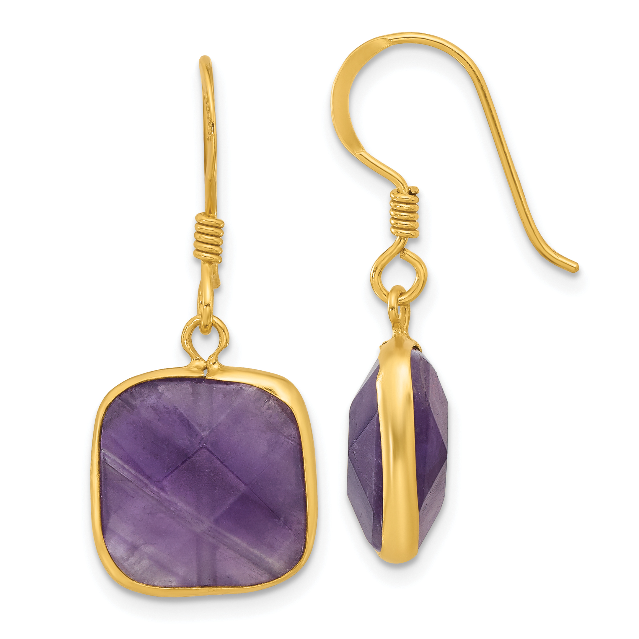 Sterling Silver Gold-plated Polished Cushion Amethyst Dangle Earrings (QE17296)