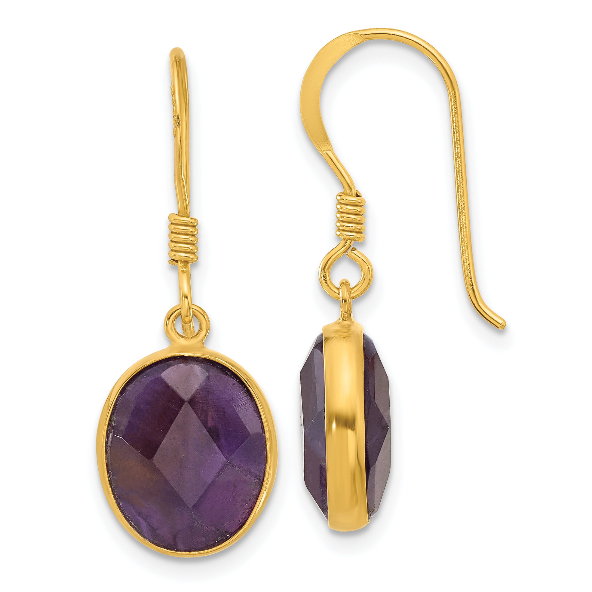 Sterling Silver Gold-plated Polished Oval Amethyst Dangle Earrings (QE17297)