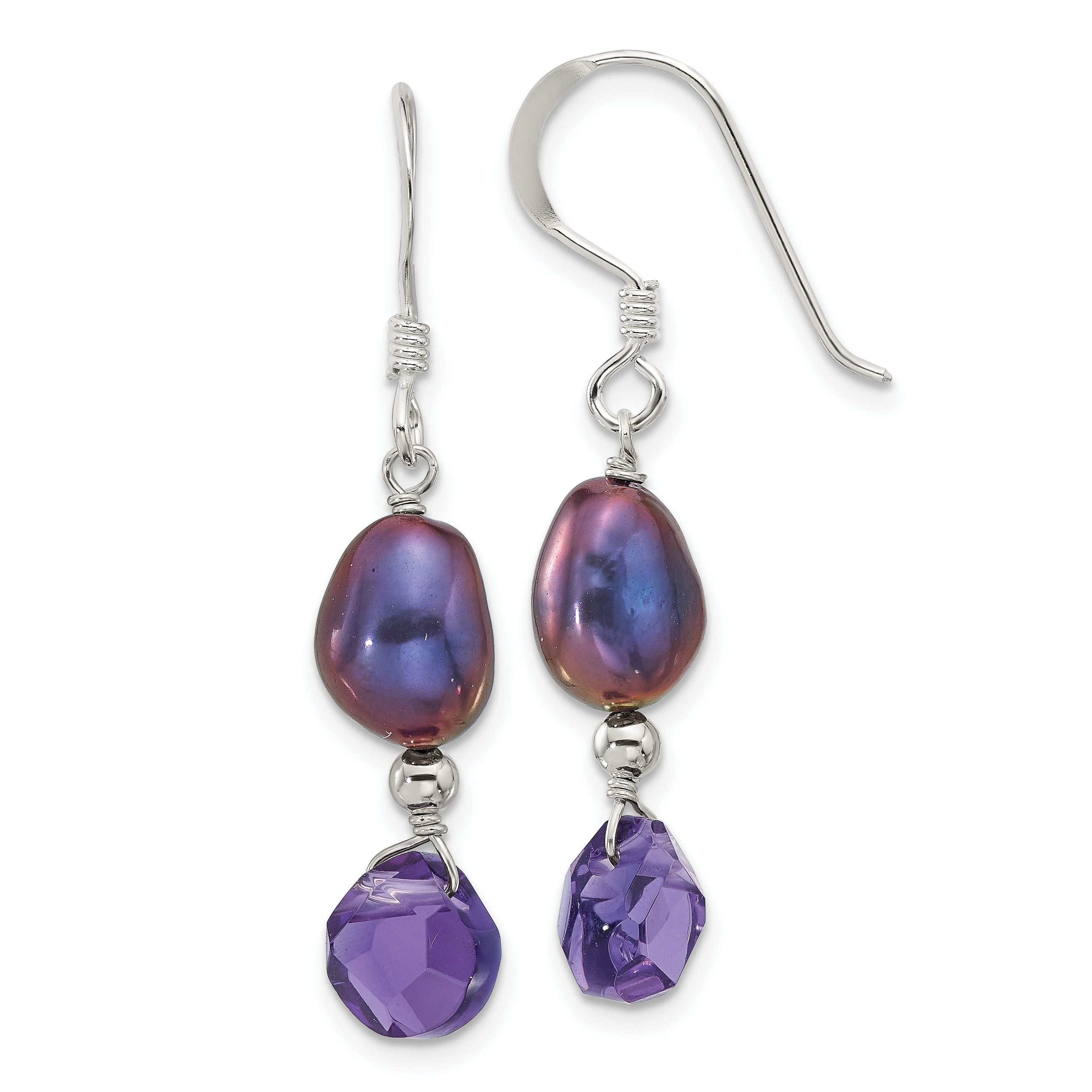 Sterling Silver Polished FWC Pearl and Purple Quartz Dangle Earrings (QE17304)