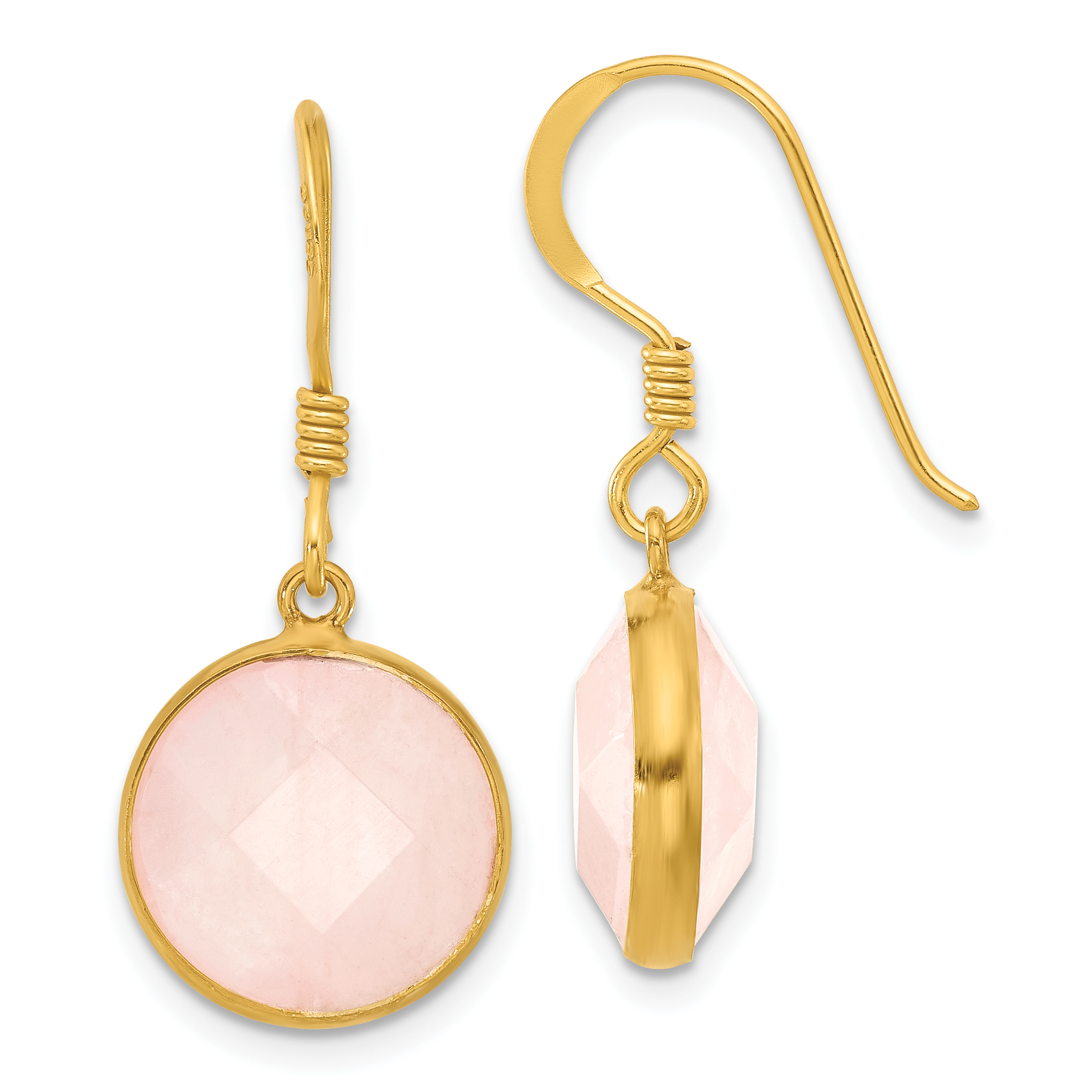 Sterling Silver Gold-plated Polished Round Rose Quartz Dangle Earrings (QE17306)