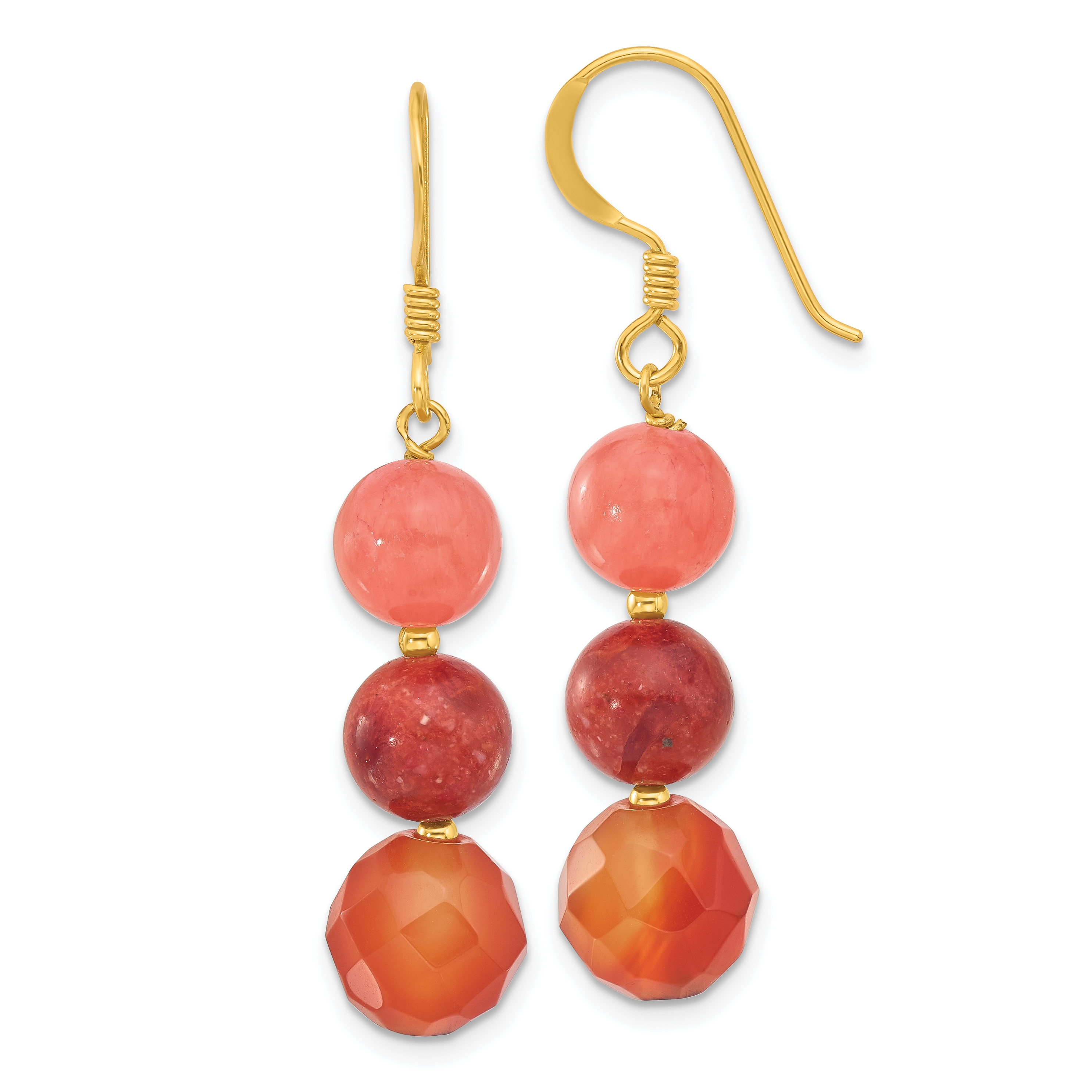 Sterling Silver Gold-plated Carnelian/Quartz/Recon. Coral Dangle Earrings (QE17315)