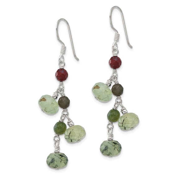 Sterling Silver Polished Faceted Jasper and Prehnite Beads Dangle Earrings